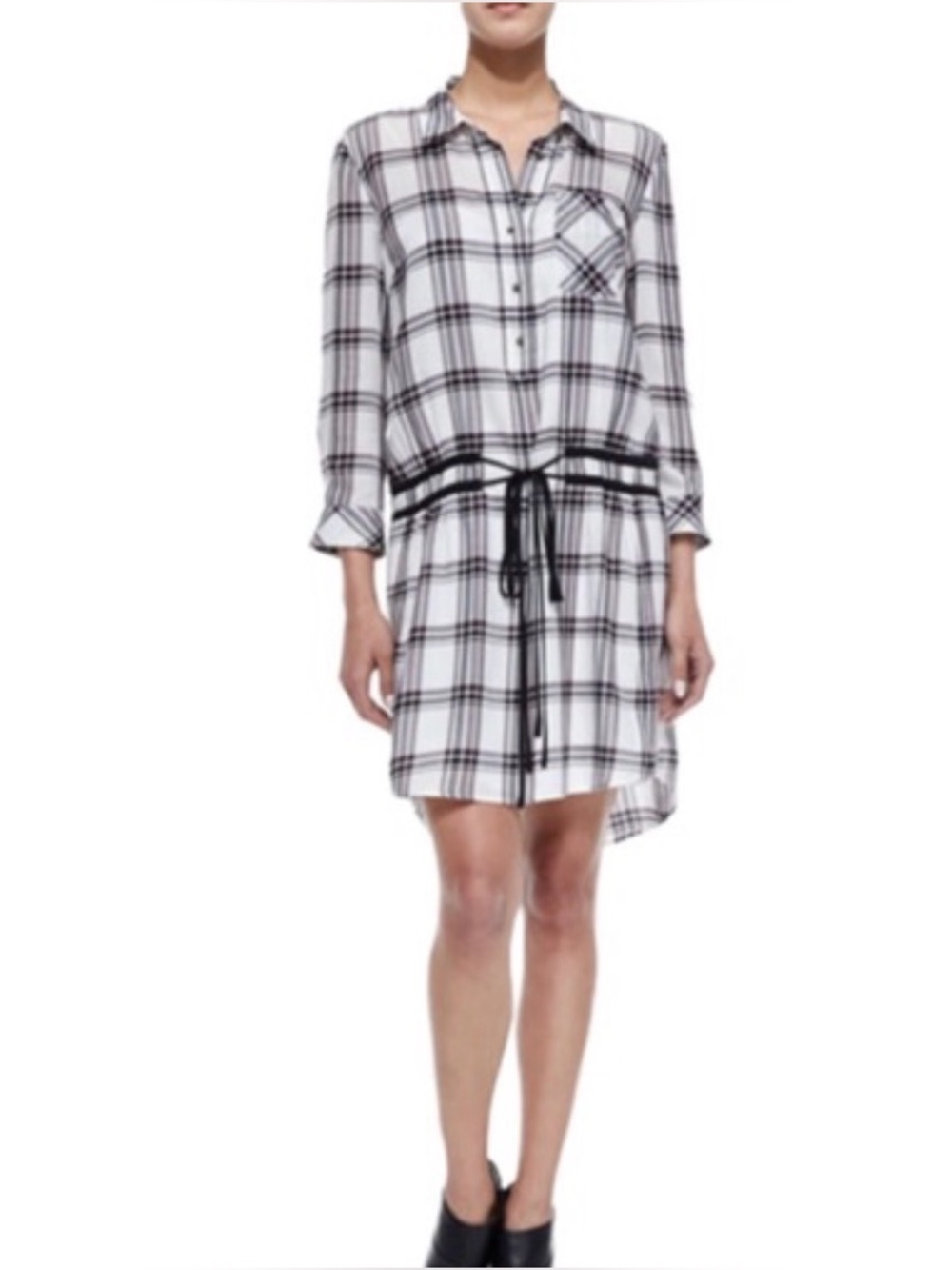 Veronica Beard Marcy Plaid Tie Waist Convertible Sleeve Shirt Dress